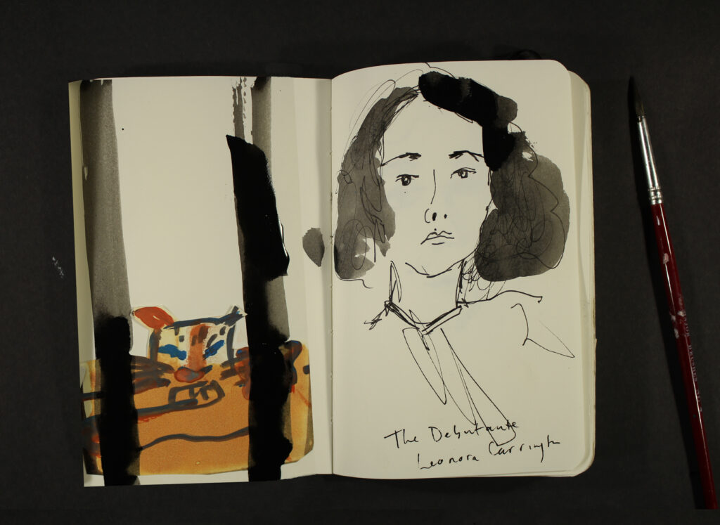 Skecthbook page featuring a painting of a girl with brown hair and orange hyena
