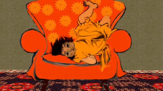 Chlld in orange dress with dark brown hair upside down on orange armchair