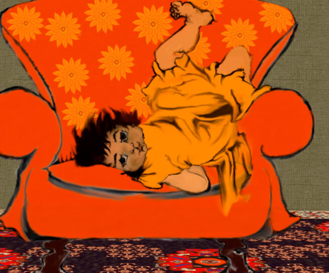 Chlld in orange dress with dark brown hair upside down on orange armchair