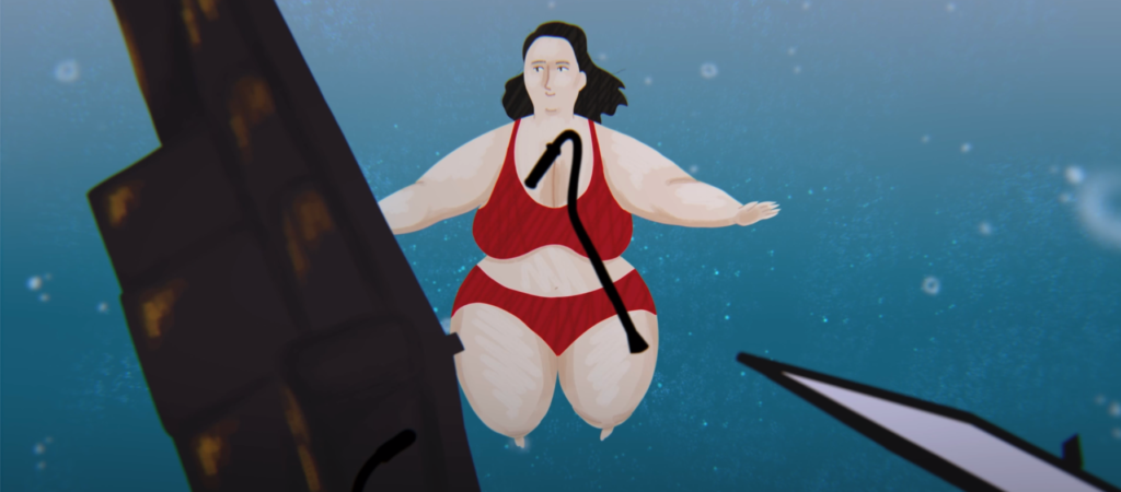 Woman in red swimsuit underwater