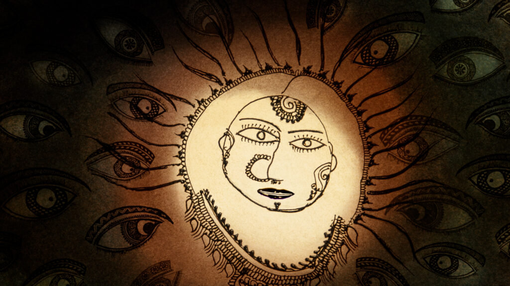 A mehndi tattoo style drawing of a face surrounded by eyes