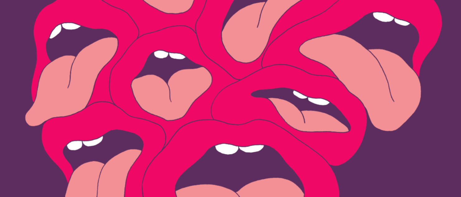 Pink mouths with tongues out on purple background