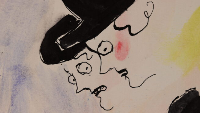 A black ink drawing of two women in black looking shocked on a colourful background