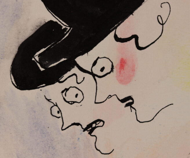 A black ink drawing of two women in black looking shocked on a colourful background
