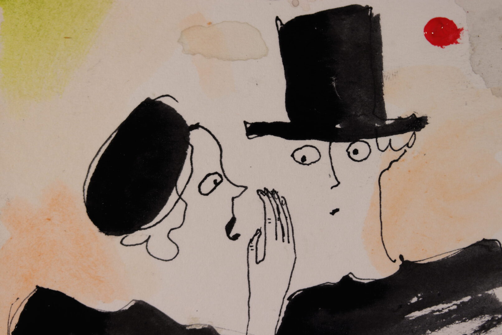 A black ink drawing of two women in black whispering on a faint orange background