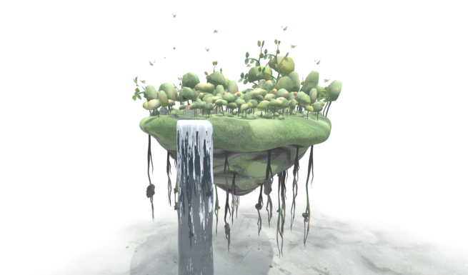 A hovering green island of trees with a waterfall overflowing the edge