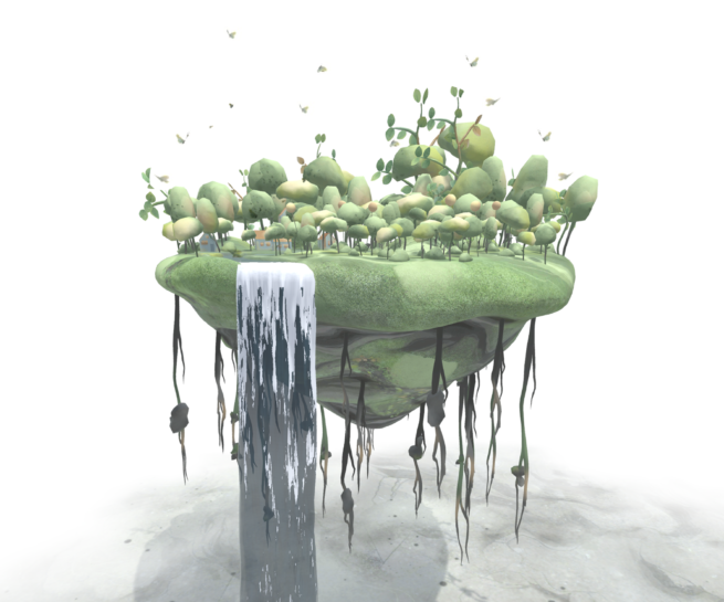 A hovering green island of trees with a waterfall overflowing the edge