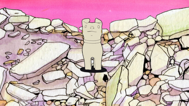 A cream statue stands on rubble under a pink sky