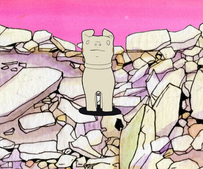 A cream statue stands on rubble under a pink sky
